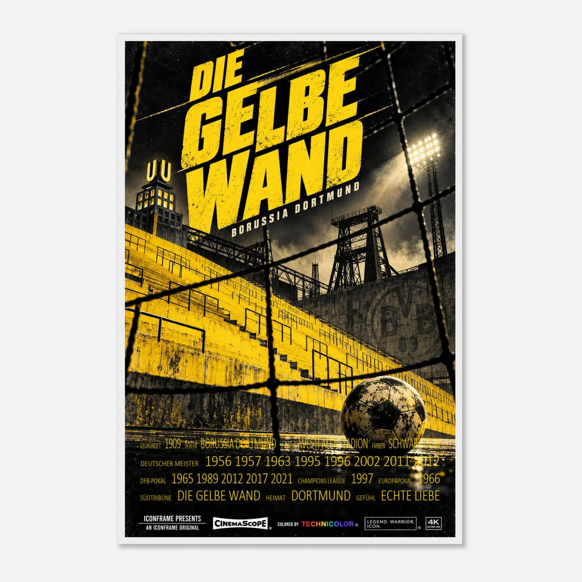 Borussia Dortmund Poster „Die gelbe Wand“ – mit schwarzem Holzrahmen vor hellem Hintergrund