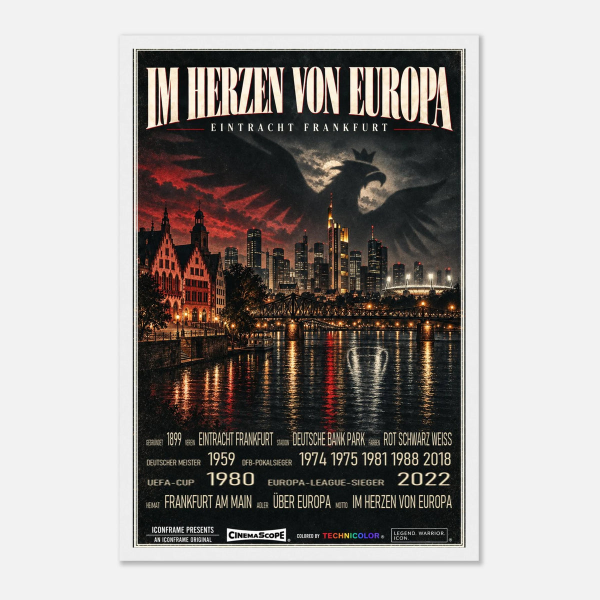 Eintracht Frankfurt Poster „Im Herzen von Europa“ – 30 × 45 cm, mit weißem Holzrahmen vor hellem Hintergrund
