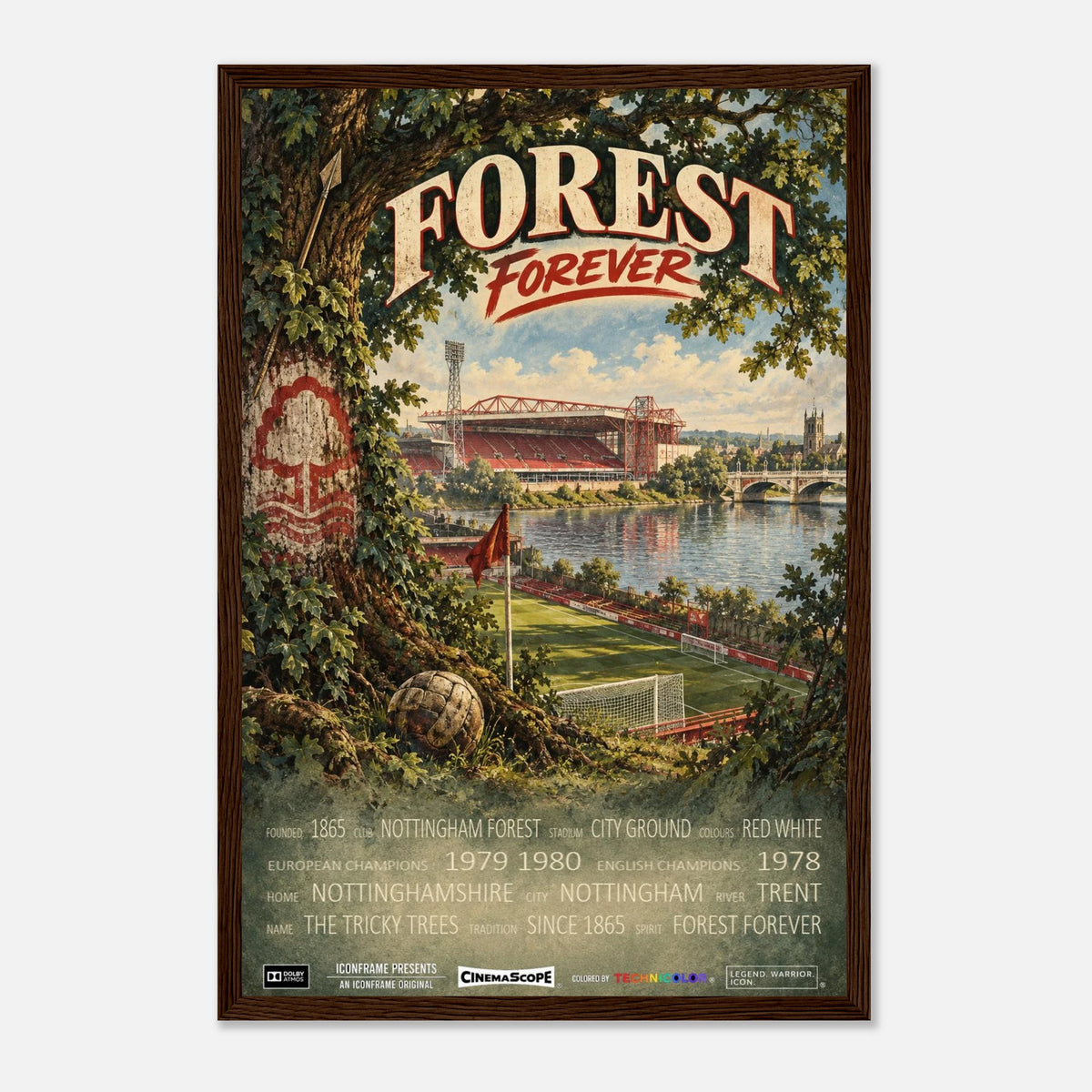 Nottingham Forest Poster „Forest Forever“ – 30 × 45 cm, mit dunkelbraunem Holzrahmen vor hellem Hintergrund