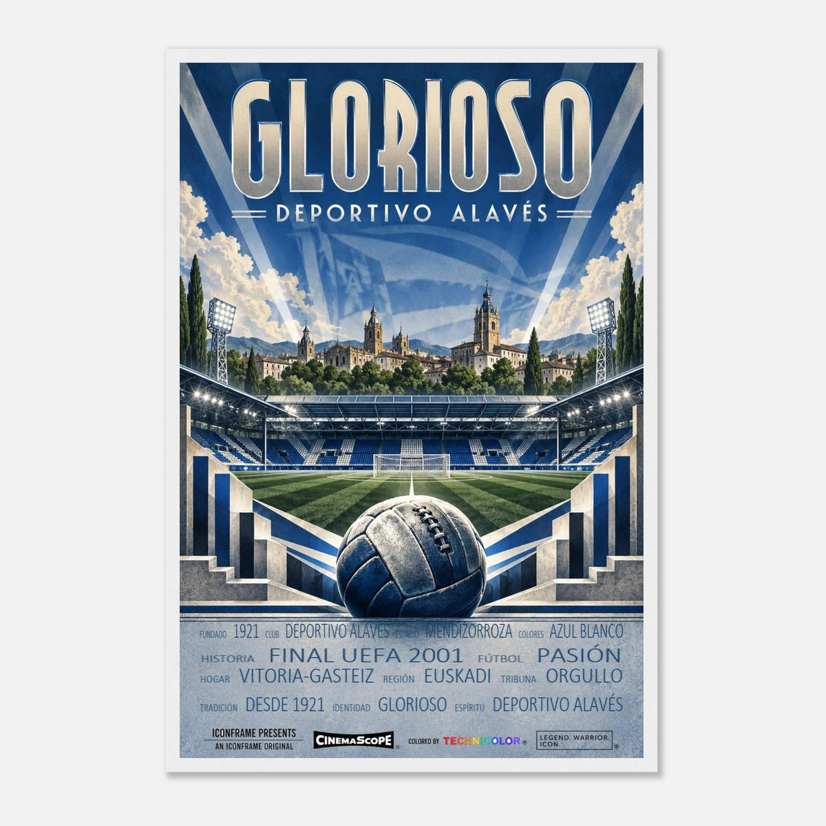 Deportivo Alavés Poster „Glorioso“ – 40 × 60 cm, mit weißem Holzrahmen vor hellem Hintergrund