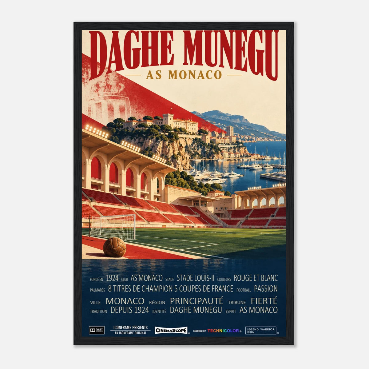 AS Monaco Poster „Daghe Munegu“ – 30 × 45 cm, mit schwarzem Holzrahmen