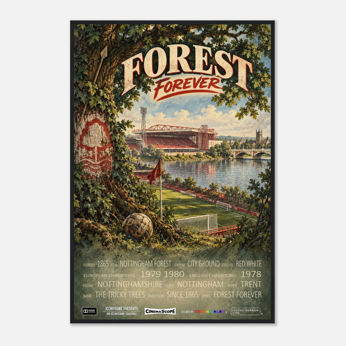 Nottingham Forest Poster „Forest Forever“ – 60 × 90 cm, mit schwarzem Holzrahmen vor hellem Hintergrund