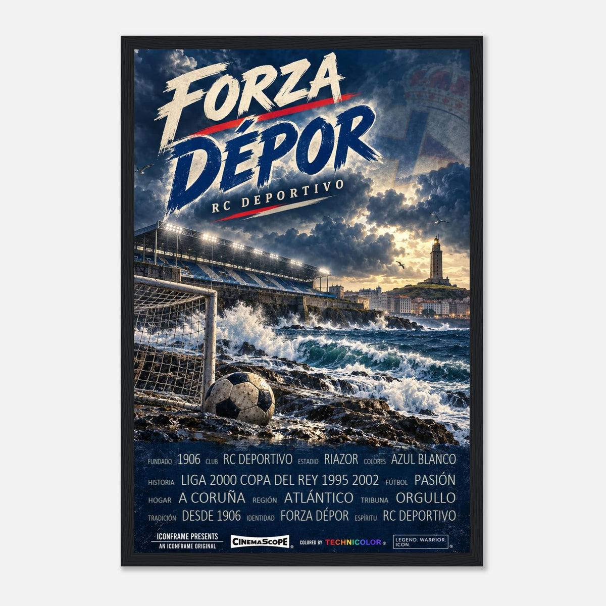 Deportivo A Coruña Poster „Forza Dépor“ – 30 × 45 cm, mit schwarzem Holzrahmen vor hellem Hintergrund