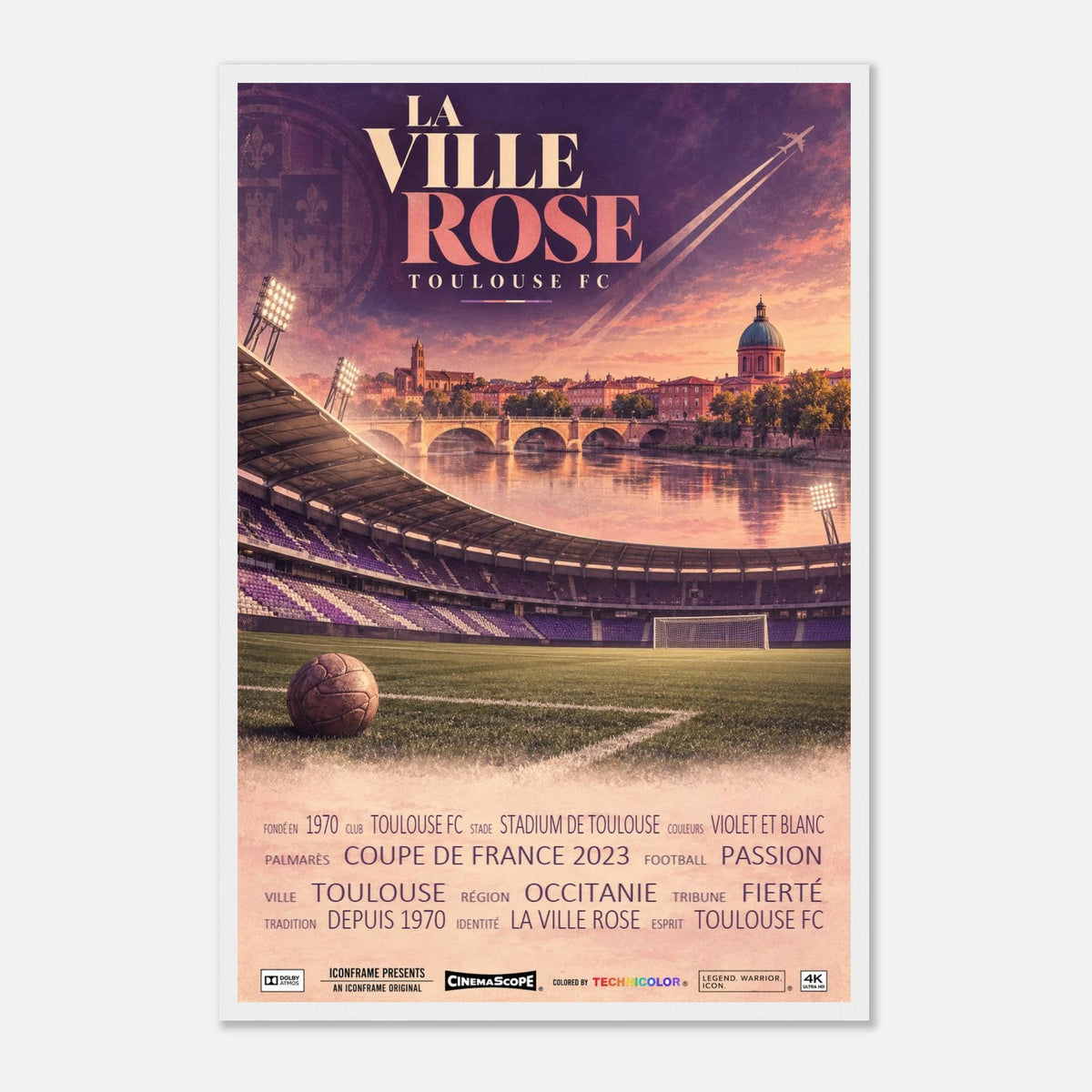 FC Toulouse Poster „La Ville Rose“ – 40 × 60 cm, mit weißem Holzrahmen