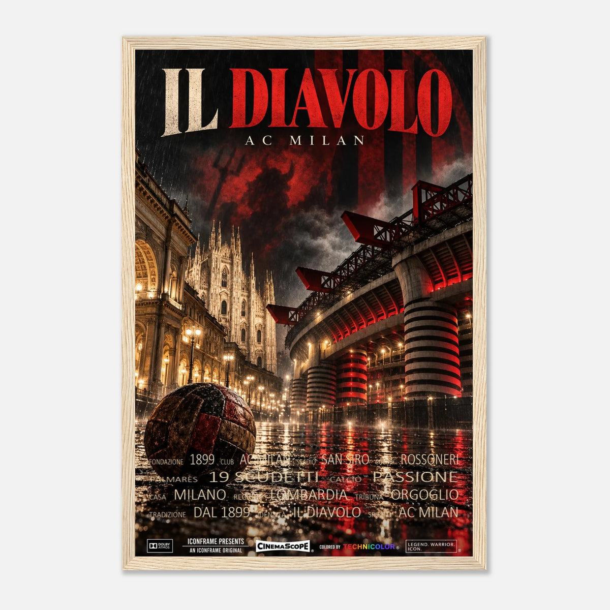 AC Mailand Poster „Il Diavolo“ – 30 × 45 cm, mit naturfarbenem Holzrahmen vor hellem Hintergrund