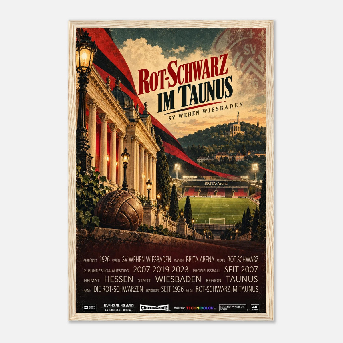 SV Wehen Wiesbaden Poster „Rot-Schwarz im Taunus“ – 30 × 45 cm, mit naturfarbenem Holzrahmen