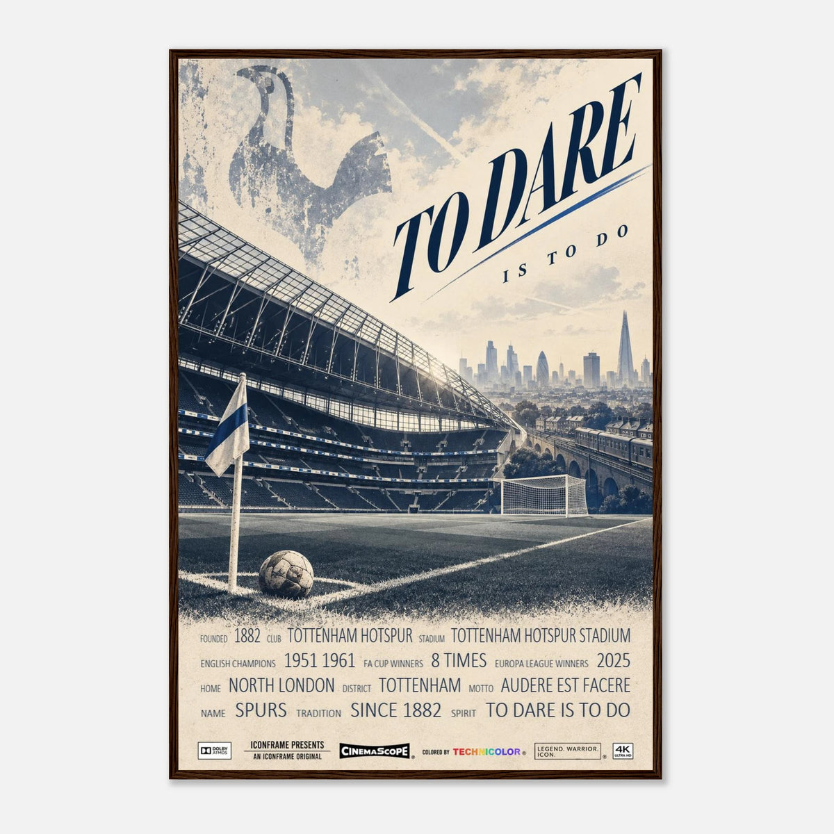 Tottenham Hotspur Poster „To Dare Is to Do“ – 60 × 90 cm, mit dunkelbraunem Holzrahmen vor hellem Hintergrund