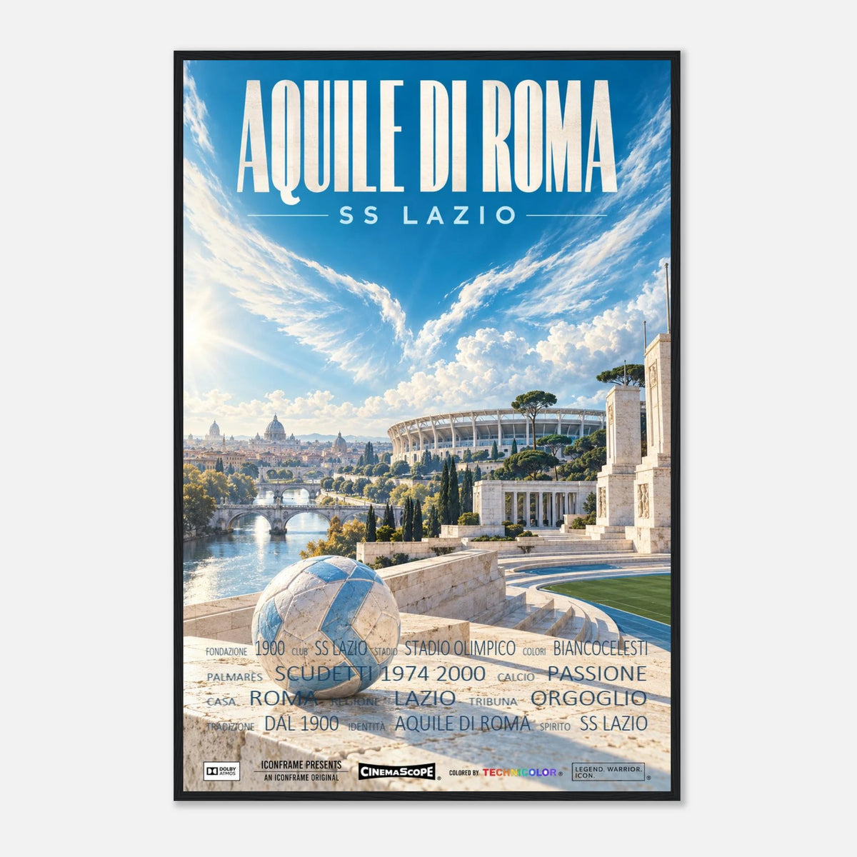 Lazio Rom Poster „Aquile di Roma“ – 60 × 90 cm, mit schwarzem Holzrahmen vor hellem Hintergrund