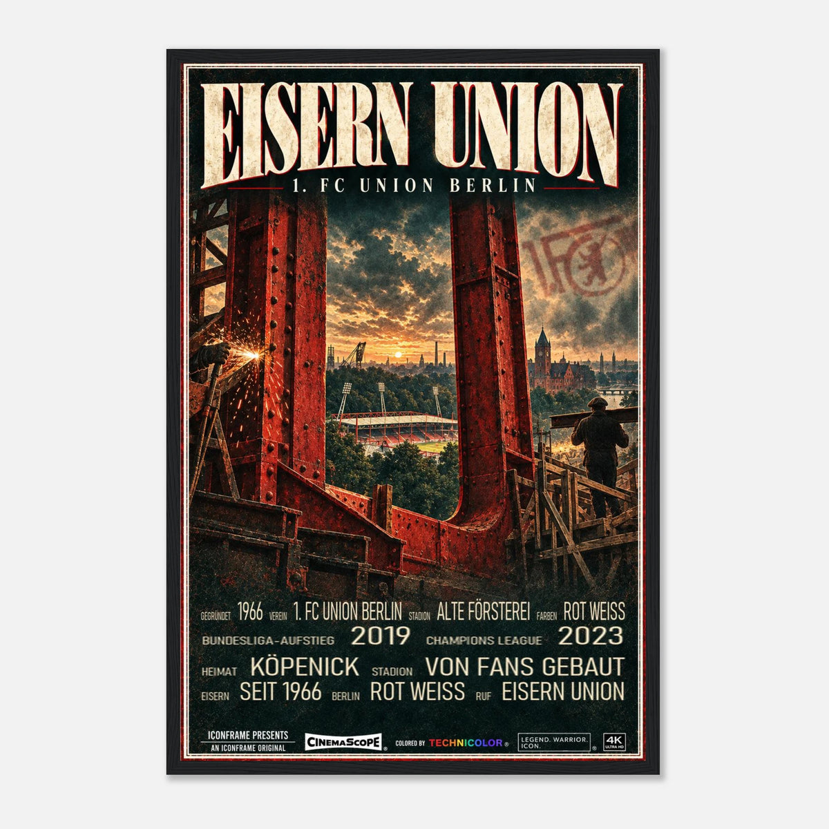 Union Berlin Poster „Eisern Union“ – 40 × 60 cm, mit schwarzem Holzrahmen vor hellem Hintergrund