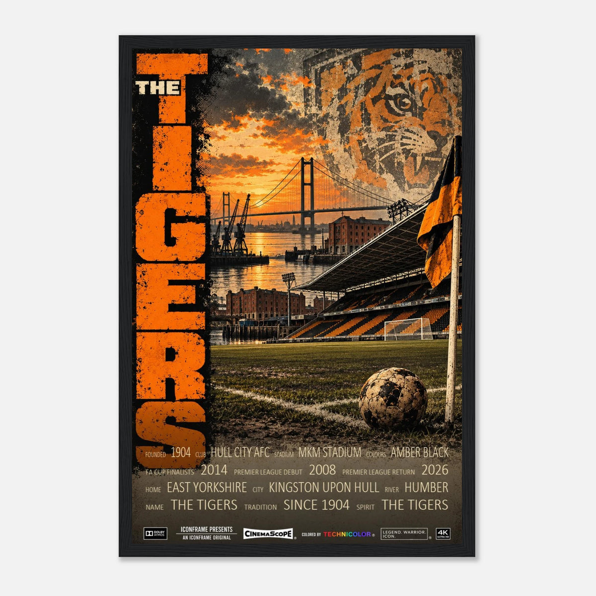Hull City Poster „The Tigers“ – 30 × 45 cm, mit schwarzem Holzrahmen vor hellem Hintergrund