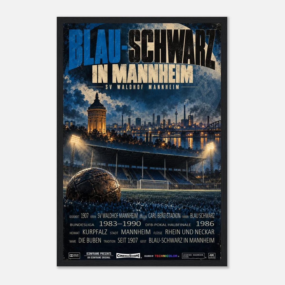 SV Waldhof Mannheim Poster „Blau-Schwarz in Mannheim“ – 30 × 45 cm, mit schwarzem Holzrahmen