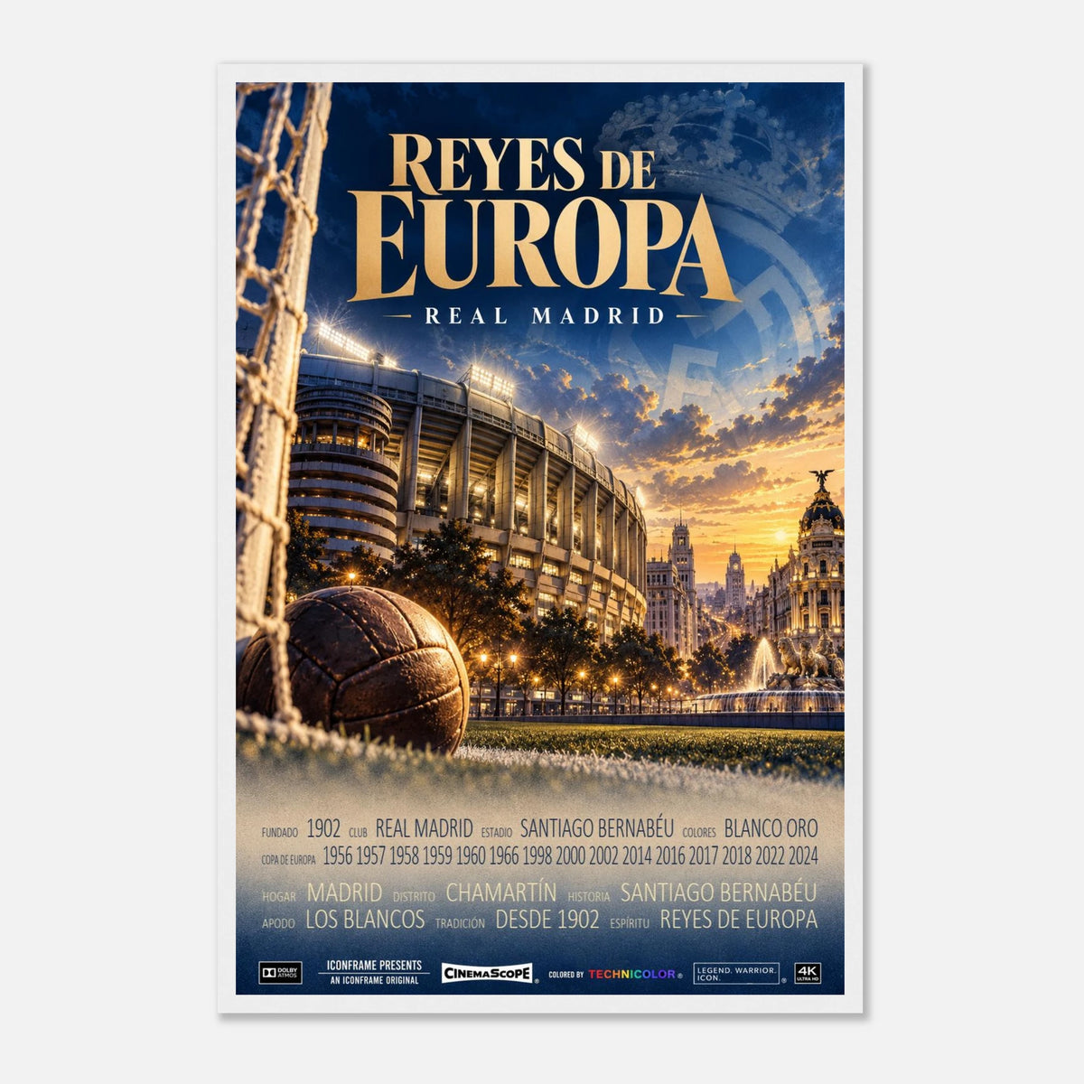Real Madrid Poster „Reyes de Europa“ – 40 × 60 cm, mit weißem Holzrahmen vor hellem Hintergrund