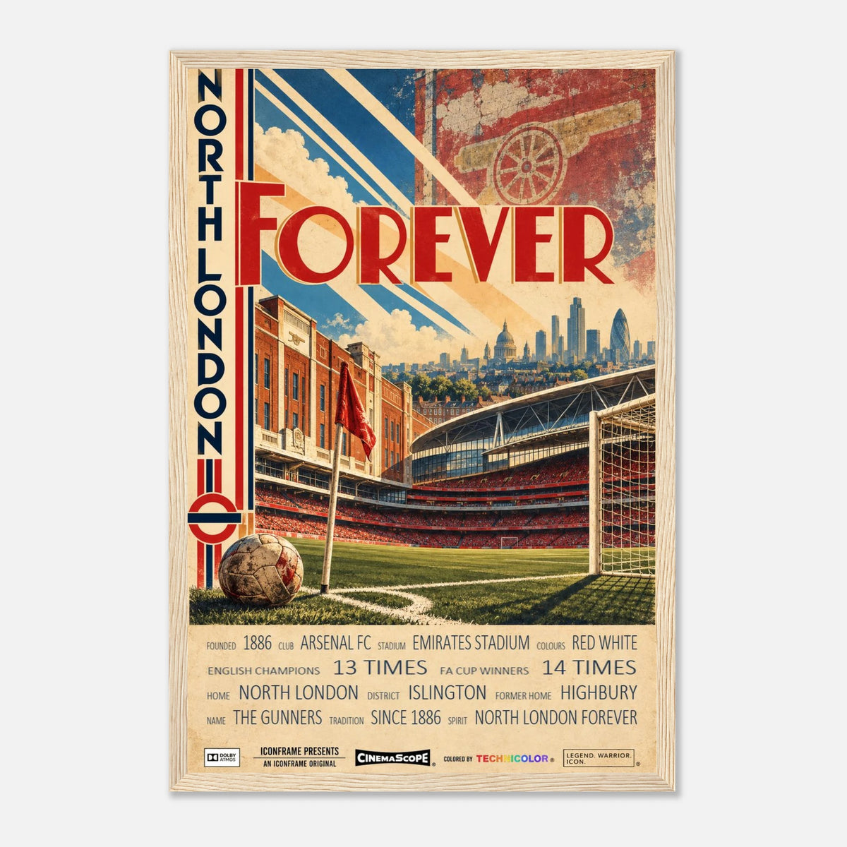 Arsenal Poster „North London Forever“ – 30 × 45 cm, mit naturfarbenem Holzrahmen vor hellem Hintergrund