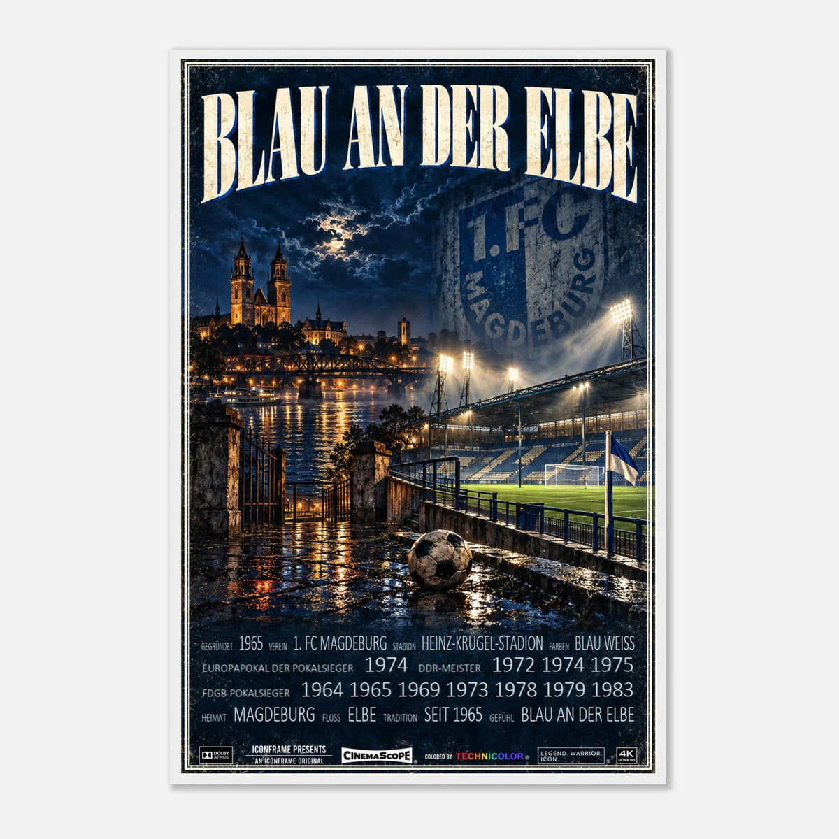 1. FC Magdeburg Poster „Blau an der Elbe“ – 60 × 90 cm, mit weißem Holzrahmen vor hellem Hintergrund