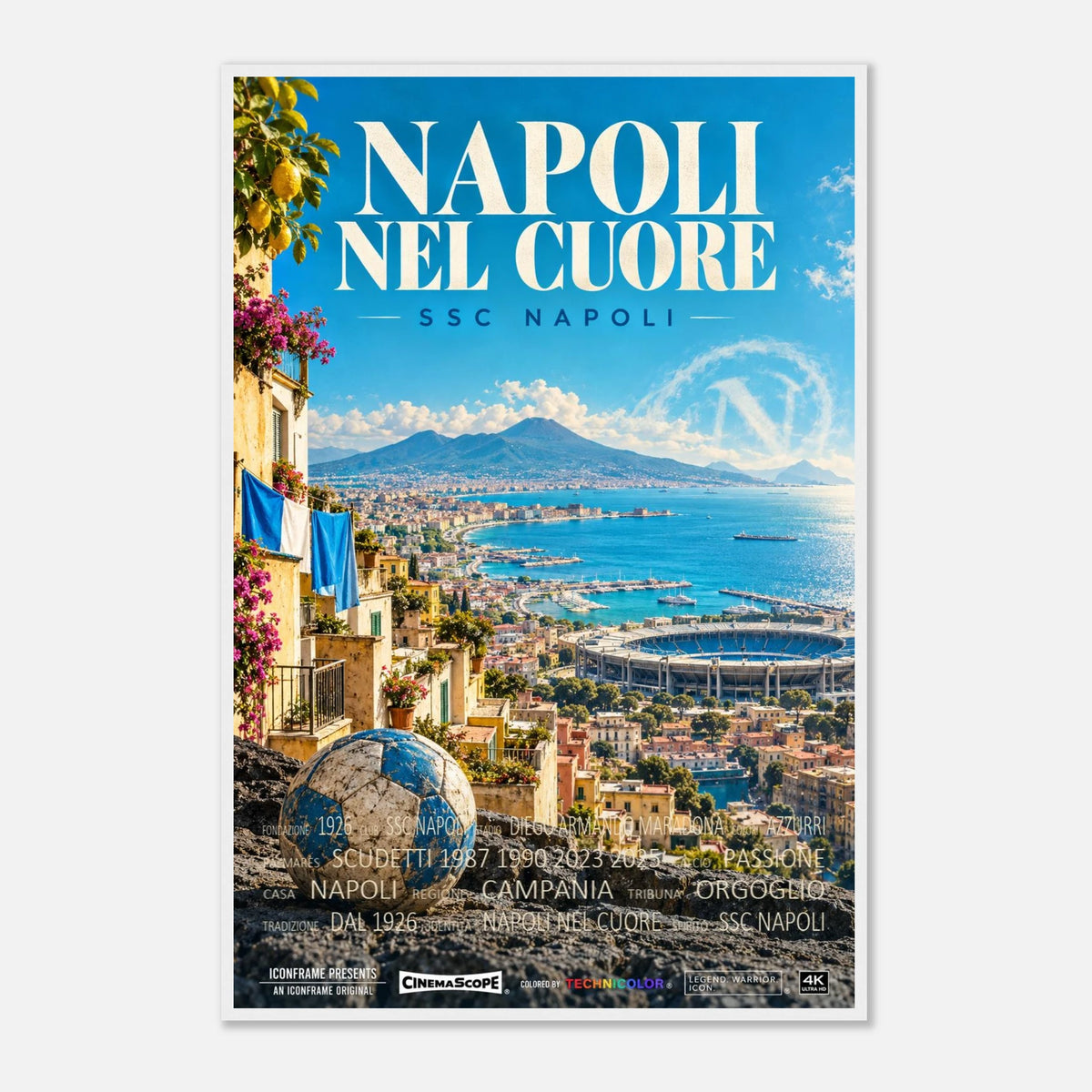 SSC Neapel Poster „Napoli nel Cuore“ – 60 × 90 cm, mit weißem Holzrahmen vor hellem Hintergrund