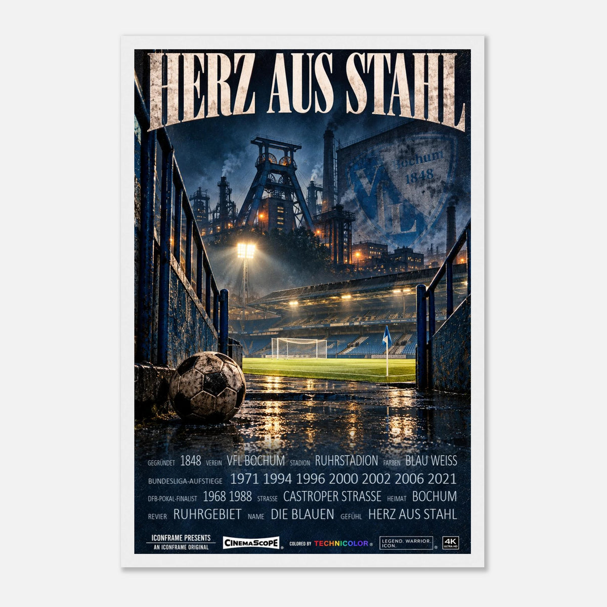 VfL Bochum Poster „Herz aus Stahl“ – 30 × 45 cm, mit weißem Holzrahmen vor hellem Hintergrund