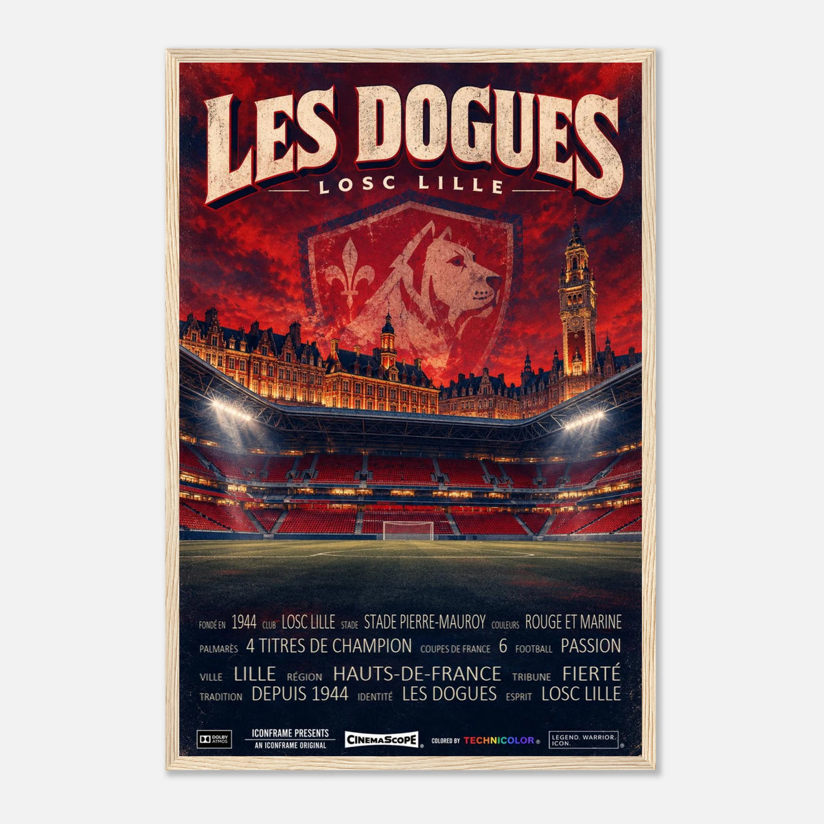 LOSC Lille Poster „Les Dogues“ – 40 × 60 cm, mit naturfarbenem Holzrahmen