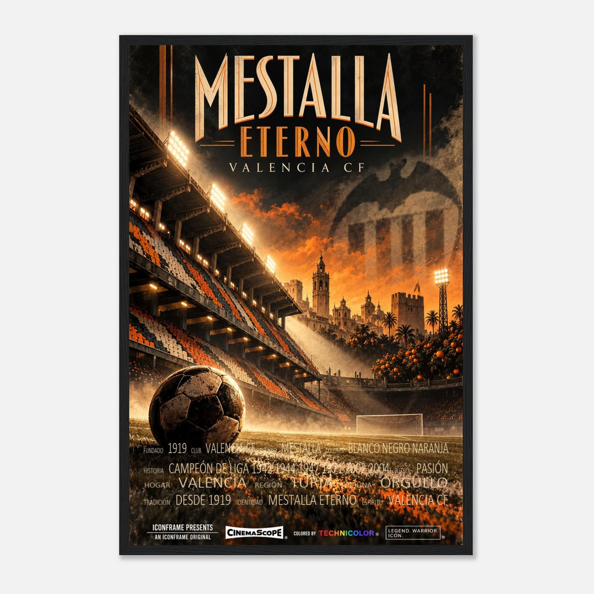 FC Valencia Poster „Mestalla Eterno“ – 40 × 60 cm, mit schwarzem Holzrahmen vor hellem Hintergrund