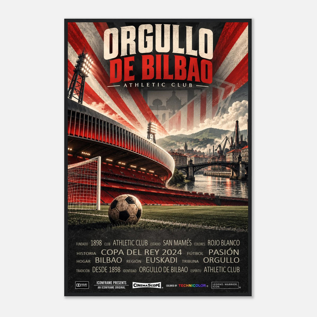 Athletic Bilbao Poster „Orgullo de Bilbao“ – 60 × 90 cm, mit schwarzem Holzrahmen vor hellem Hintergrund
