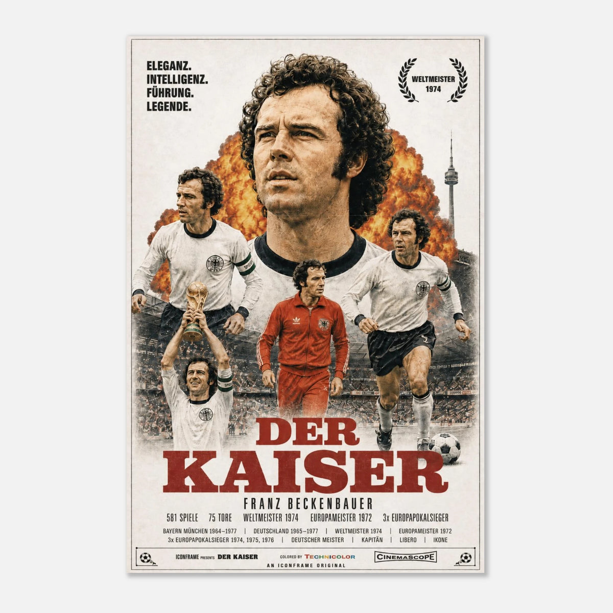 Franz Beckenbauer Fußballposter im Retro-Kinostil von ICONFRAME, 60 × 90 cm, ohne Rahmen