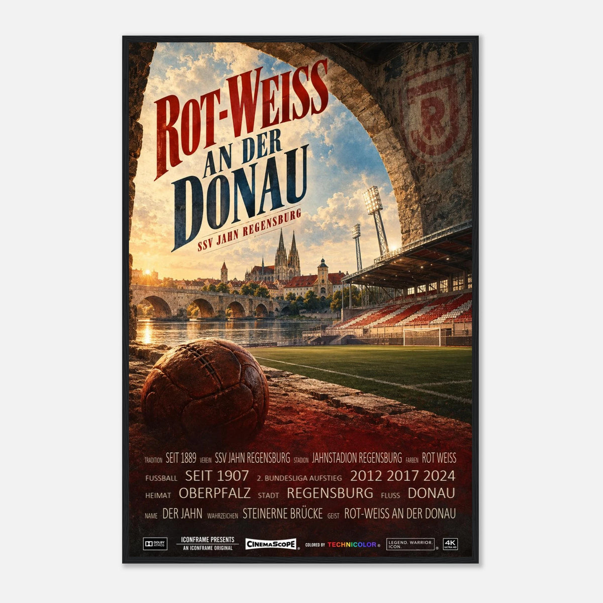 SSV Jahn Regensburg Poster „Rot-Weiss an der Donau“ – 60 × 90 cm, mit schwarzem Holzrahmen