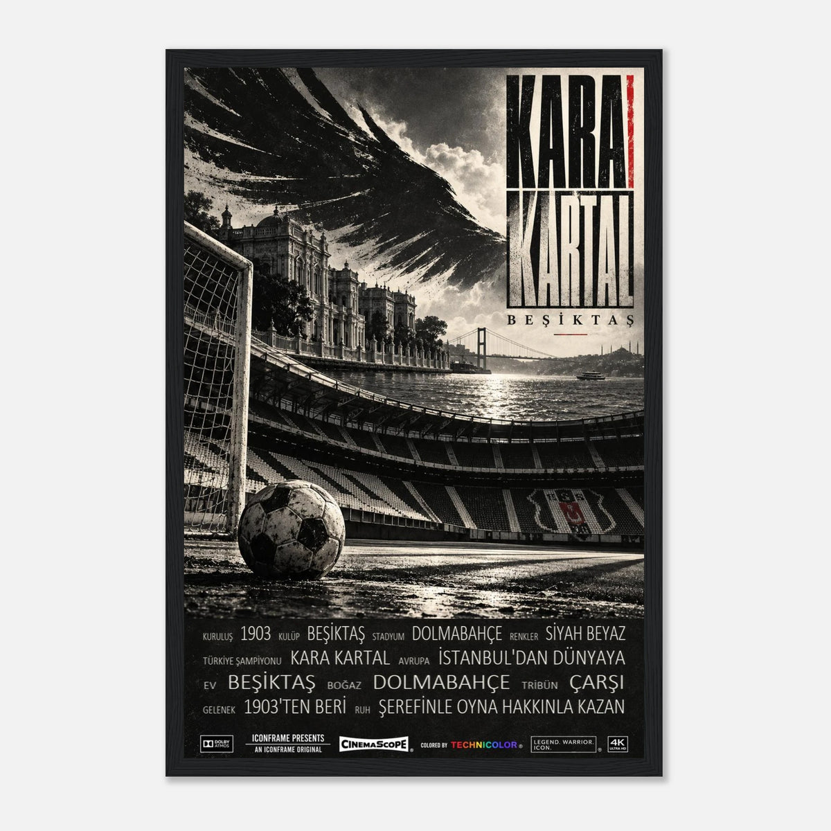 Besiktas Istanbul Poster „Kara Kartal“ – 30 × 45 cm, mit schwarzem Holzrahmen