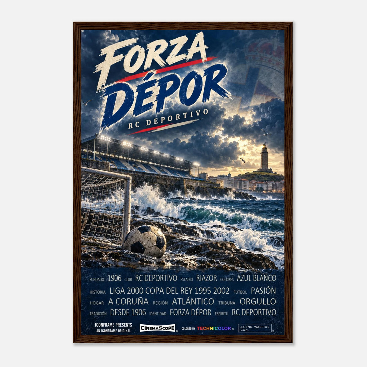 Deportivo A Coruña Poster „Forza Dépor“ – 30 × 45 cm, mit dunkelbraunem Holzrahmen vor hellem Hintergrund