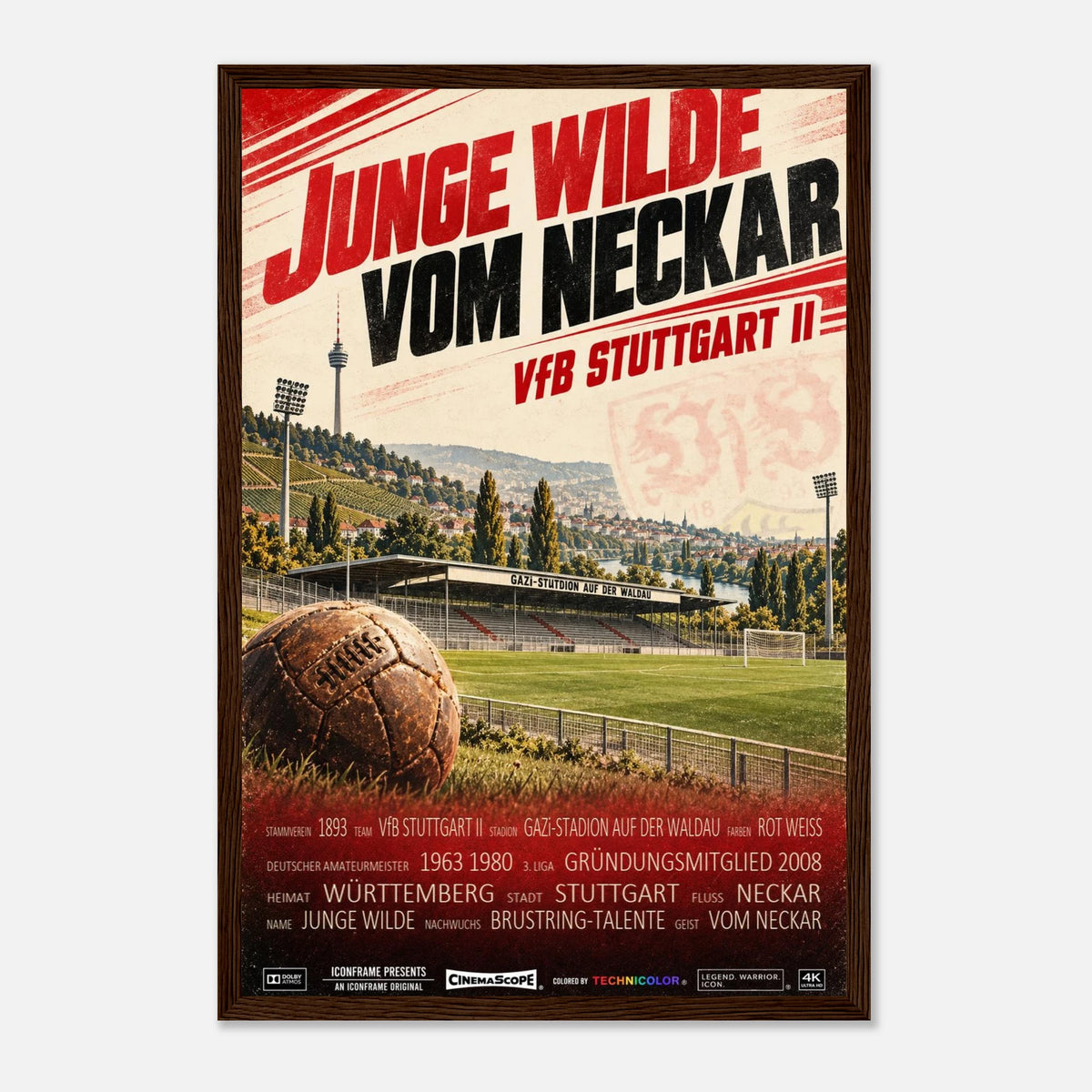 VfB Stuttgart II Poster „Junge Wilde vom Neckar“ – 30 × 45 cm, mit dunkelbraunem Holzrahmen