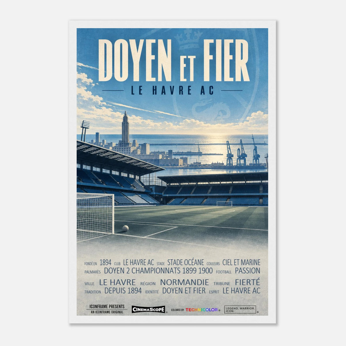 Le Havre AC Poster „Doyen et Fier“ – 30 × 45 cm, mit weißem Holzrahmen
