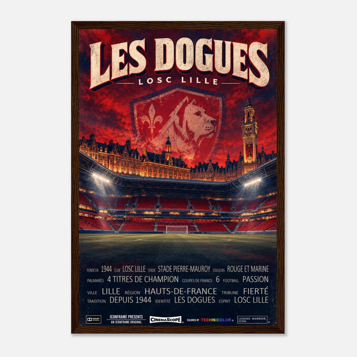 LOSC Lille Poster „Les Dogues“ – 30 × 45 cm, mit dunkelbraunem Holzrahmen