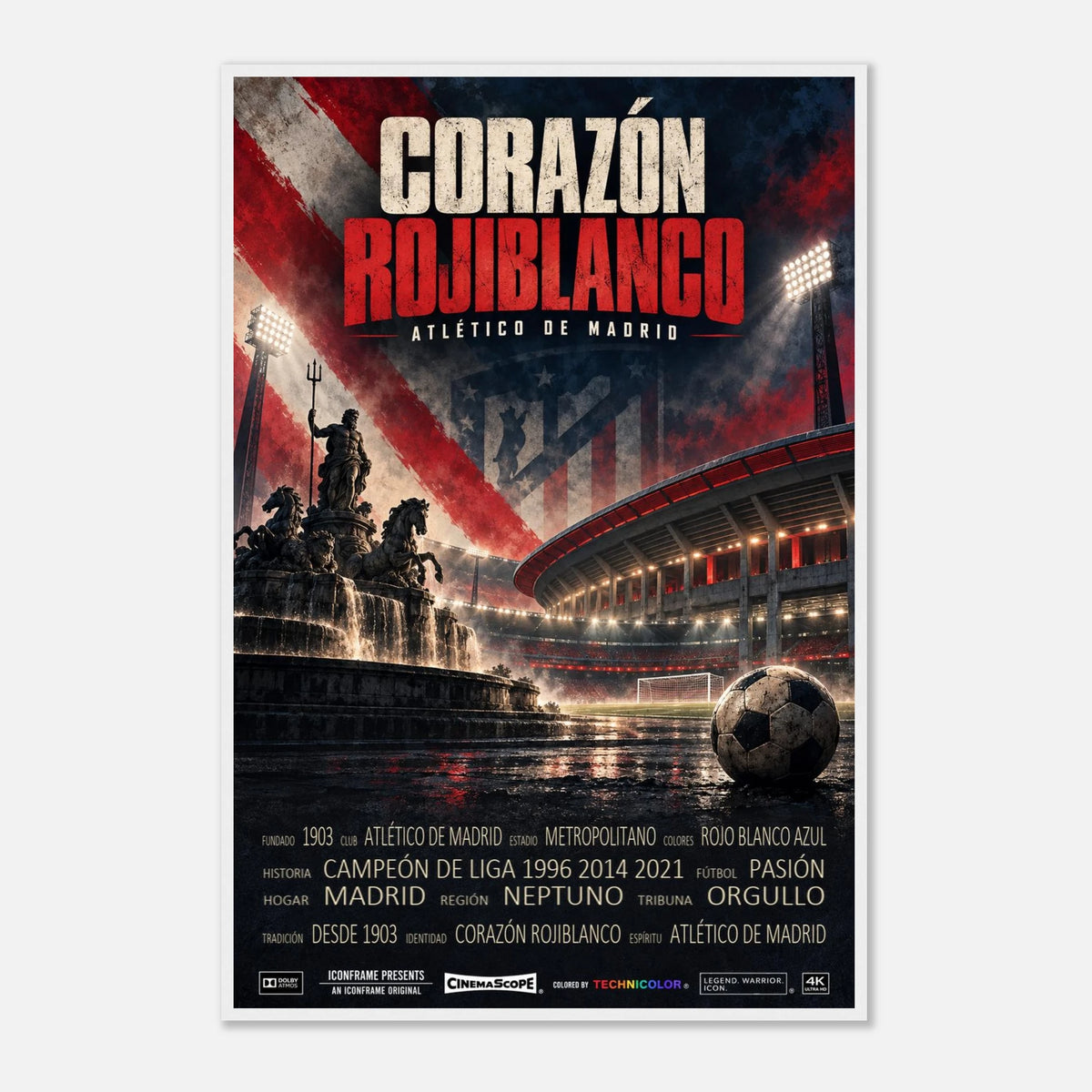 Atlético Madrid Poster „Corazón Rojiblanco“ – 60 × 90 cm, mit weißem Holzrahmen vor hellem Hintergrund