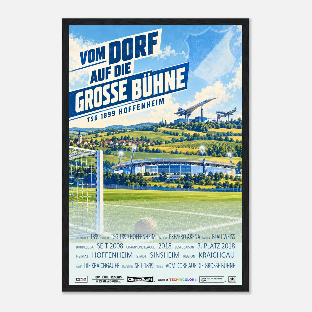 TSG Hoffenheim Poster „Vom Dorf auf die große Bühne“ – mit schwarzem Holzrahmen vor hellem Hintergrund