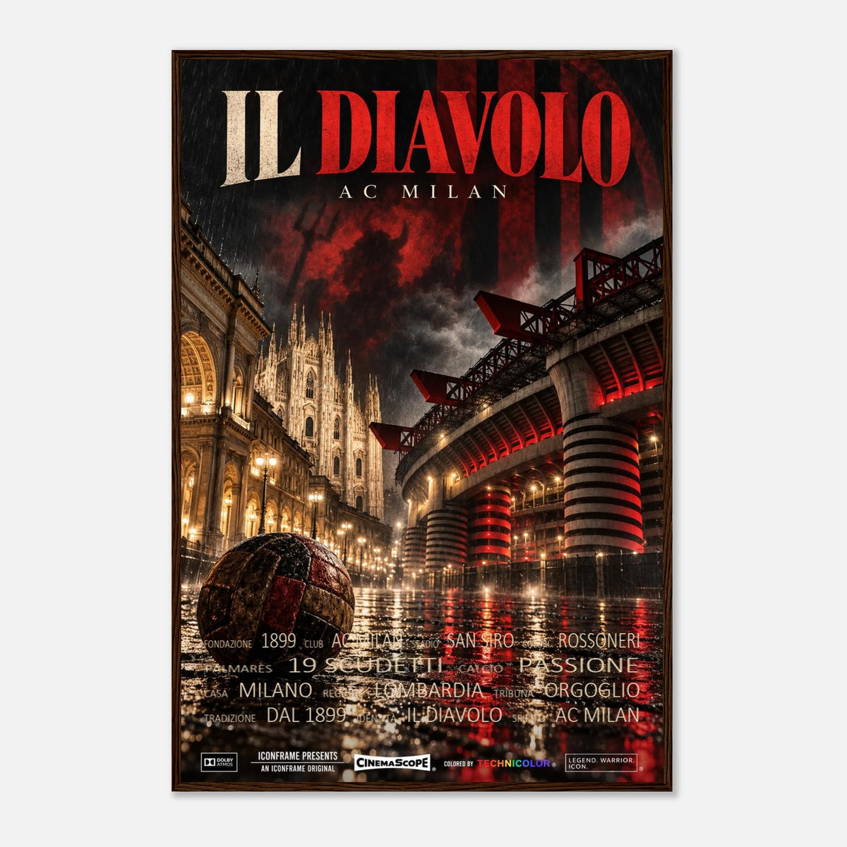 AC Mailand Poster „Il Diavolo“ – 60 × 90 cm, mit dunkelbraunem Holzrahmen vor hellem Hintergrund