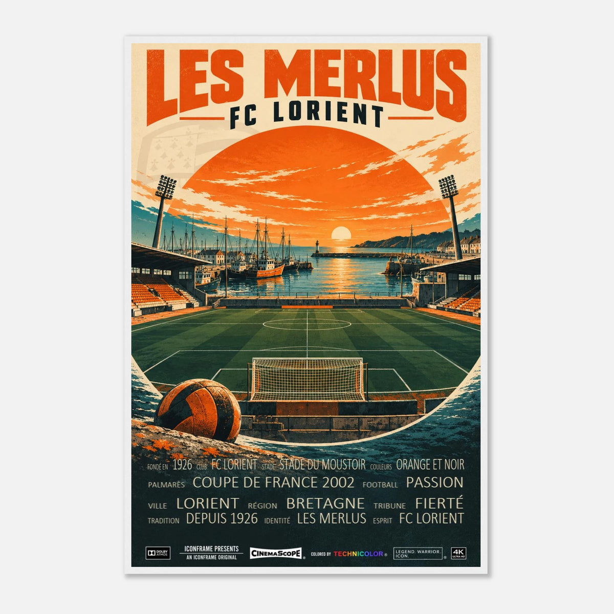 FC Lorient Poster „Les Merlus“ – 60 × 90 cm, mit weißem Holzrahmen