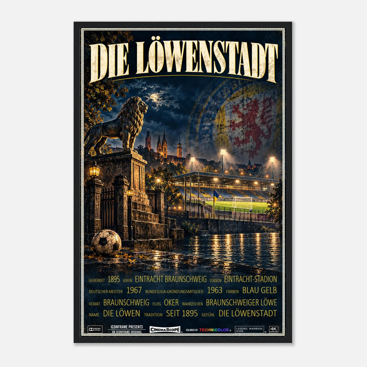 Eintracht Braunschweig Poster „Die Löwenstadt“ – 40 × 60 cm, mit schwarzem Holzrahmen vor hellem Hintergrund
