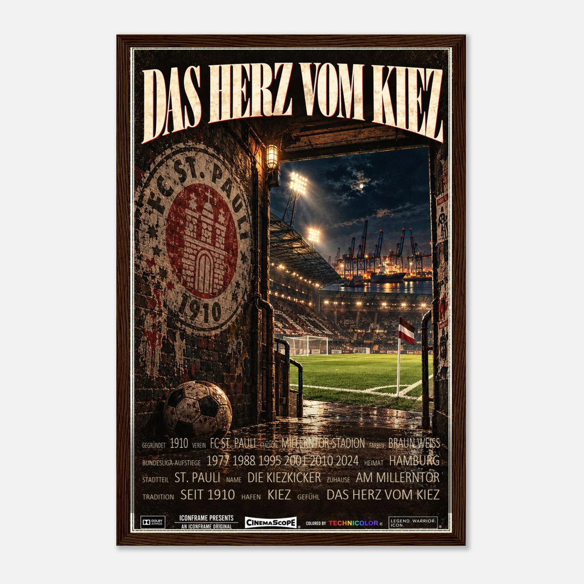 St. Pauli Poster „Das Herz vom Kiez“ – 30 × 45 cm, mit dunkelbraunem Holzrahmen vor hellem Hintergrund