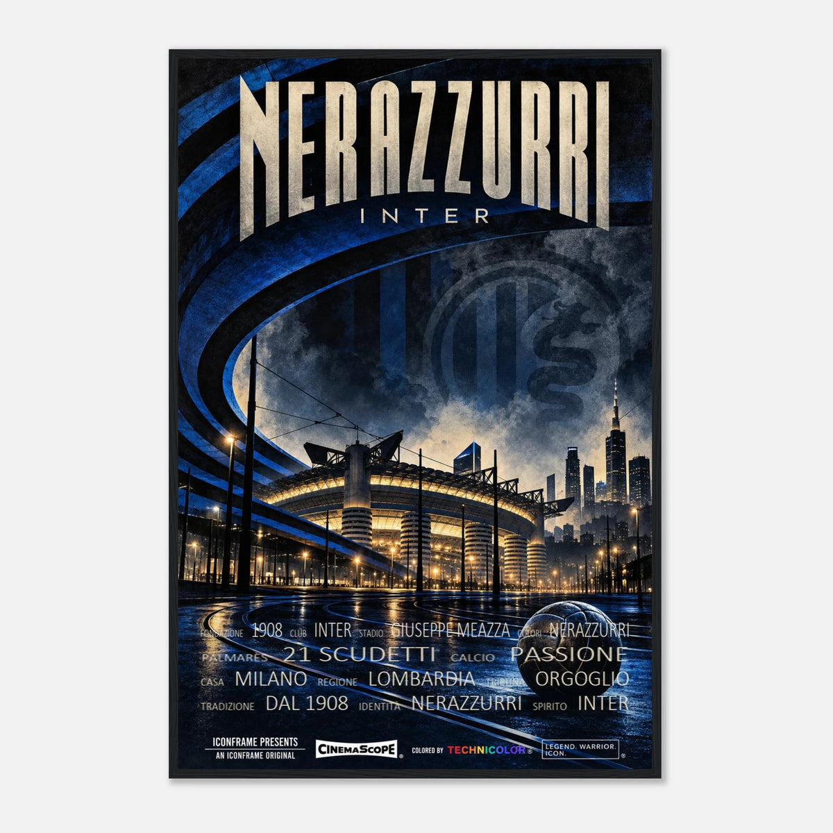 Inter Mailand Poster „Nerazzurri“ – 60 × 90 cm, mit schwarzem Holzrahmen vor hellem Hintergrund