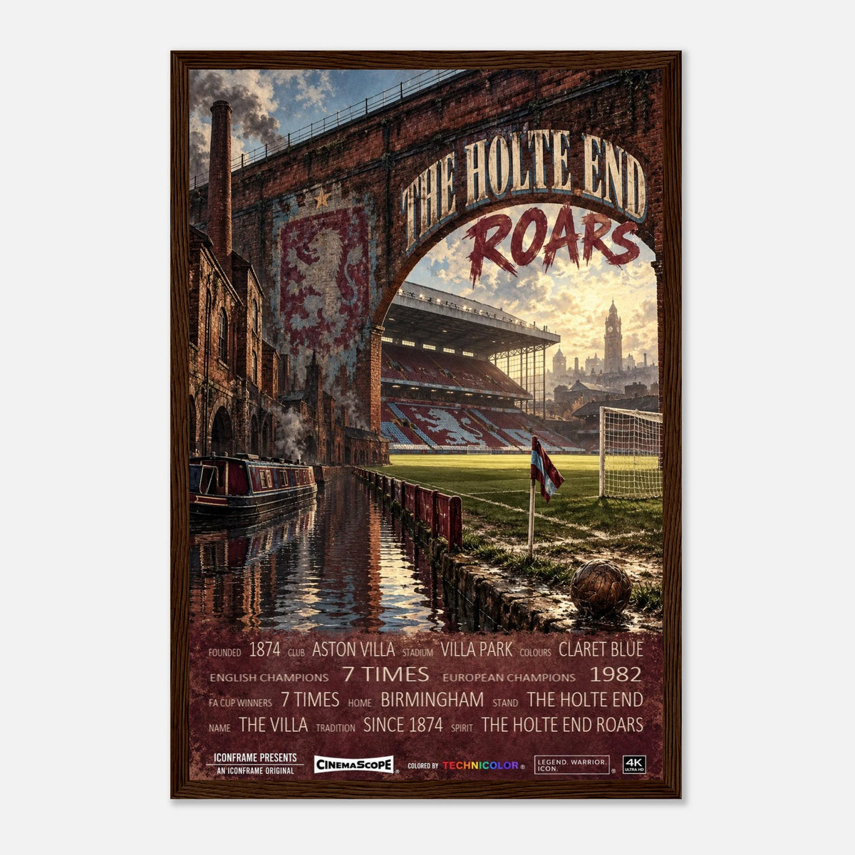 Aston Villa Poster „The Holte End Roars“ – 30 × 45 cm, mit dunkelbraunem Holzrahmen vor hellem Hintergrund