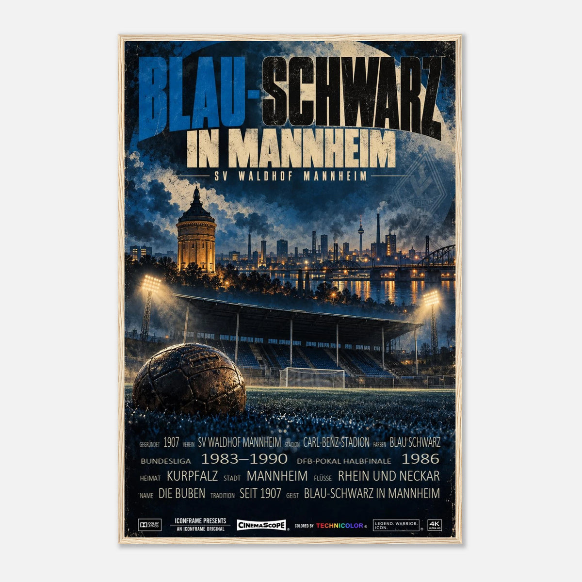 SV Waldhof Mannheim Poster „Blau-Schwarz in Mannheim“ – 60 × 90 cm, mit naturfarbenem Holzrahmen