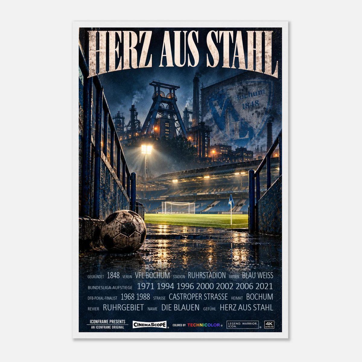 VfL Bochum Poster „Herz aus Stahl“ – 40 × 60 cm, mit weißem Holzrahmen vor hellem Hintergrund