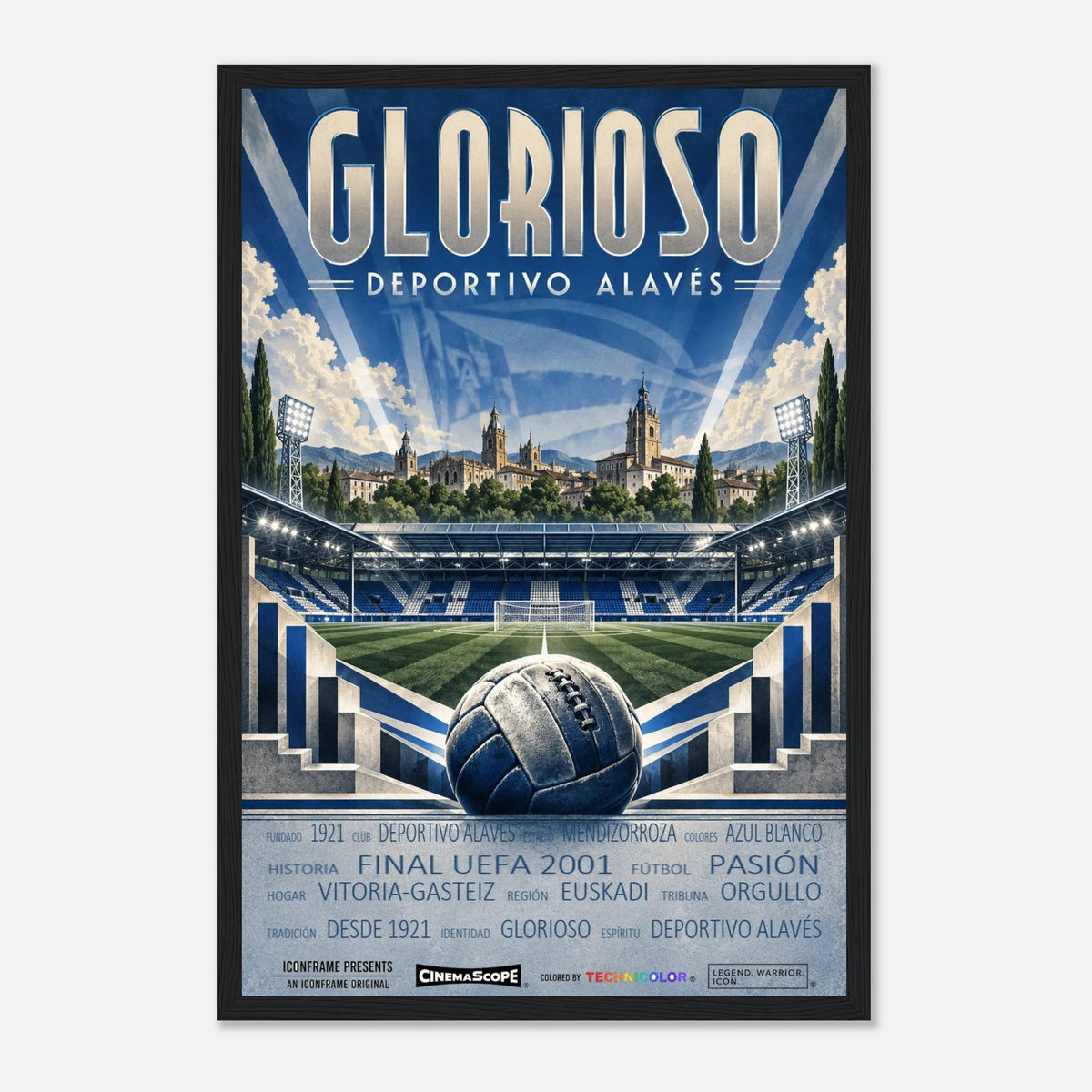 Deportivo Alavés Poster „Glorioso“ – 30 × 45 cm, mit schwarzem Holzrahmen vor hellem Hintergrund