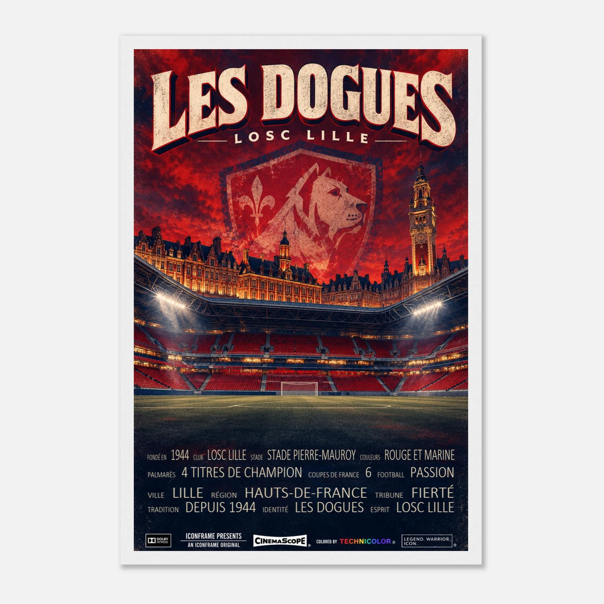 LOSC Lille Poster „Les Dogues“ – 30 × 45 cm, mit weißem Holzrahmen
