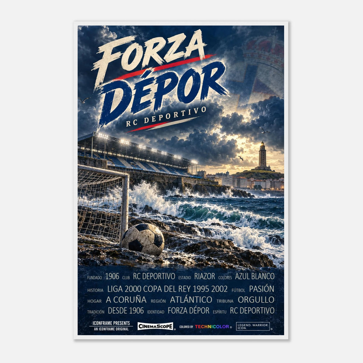 Deportivo A Coruña Poster „Forza Dépor“ – 60 × 90 cm, mit weißem Holzrahmen vor hellem Hintergrund