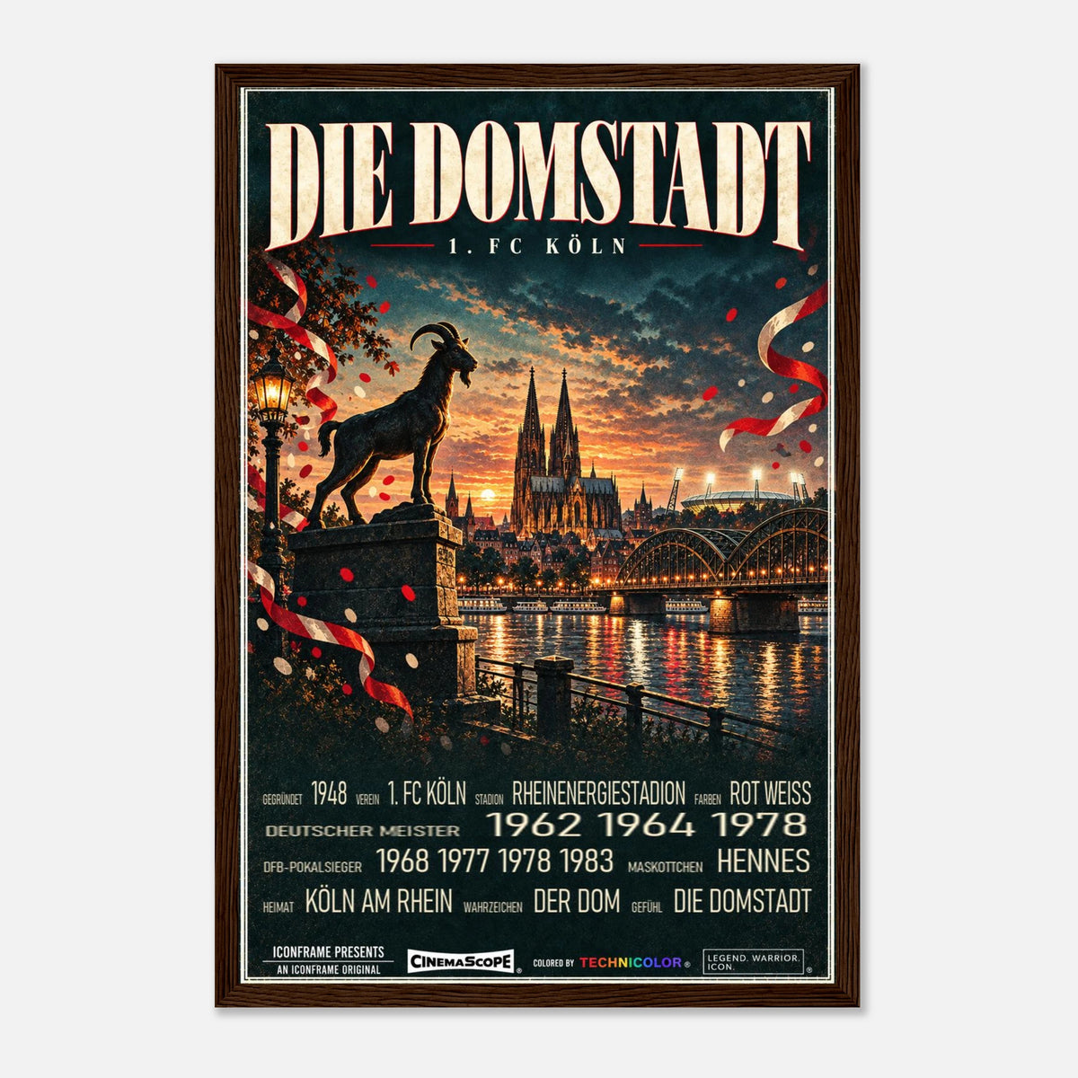 1. FC Köln Poster „Die Domstadt“ – 30 × 45 cm, mit dunkelbraunem Holzrahmen vor hellem Hintergrund