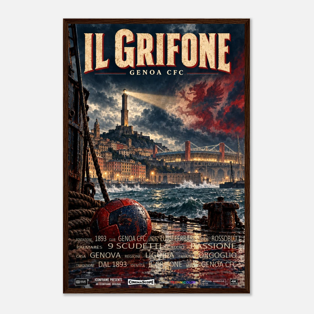 CFC Genua Poster „Il Grifone“ – 40 × 60 cm, mit dunkelbraunem Holzrahmen vor hellem Hintergrund