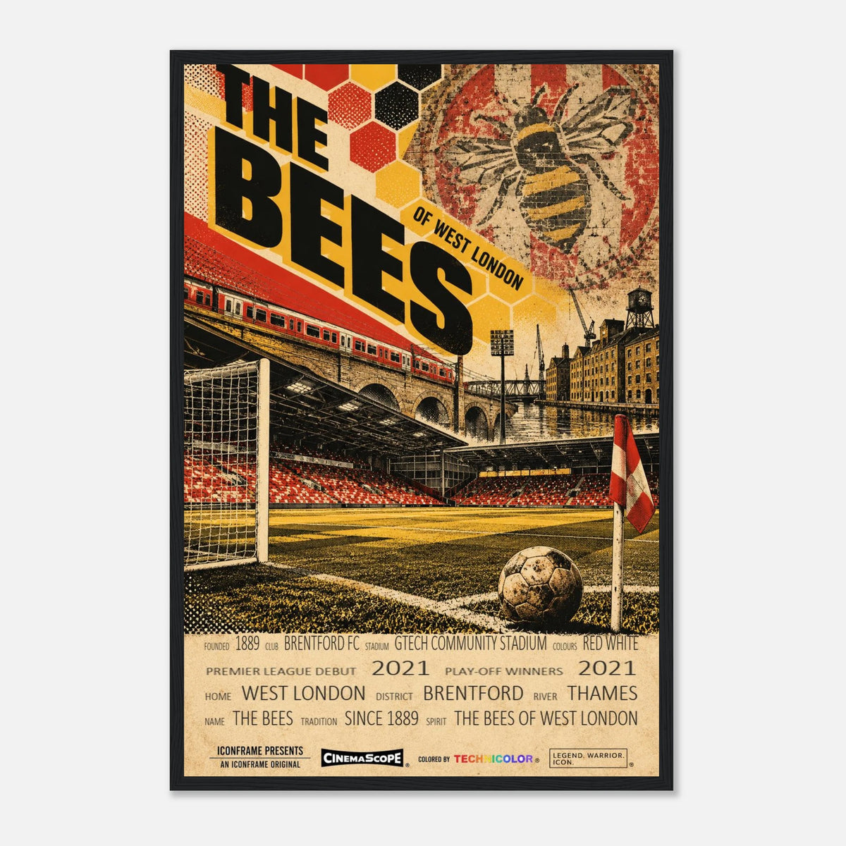 Brentford Poster „The Bees“ – 40 × 60 cm, mit schwarzem Holzrahmen vor hellem Hintergrund