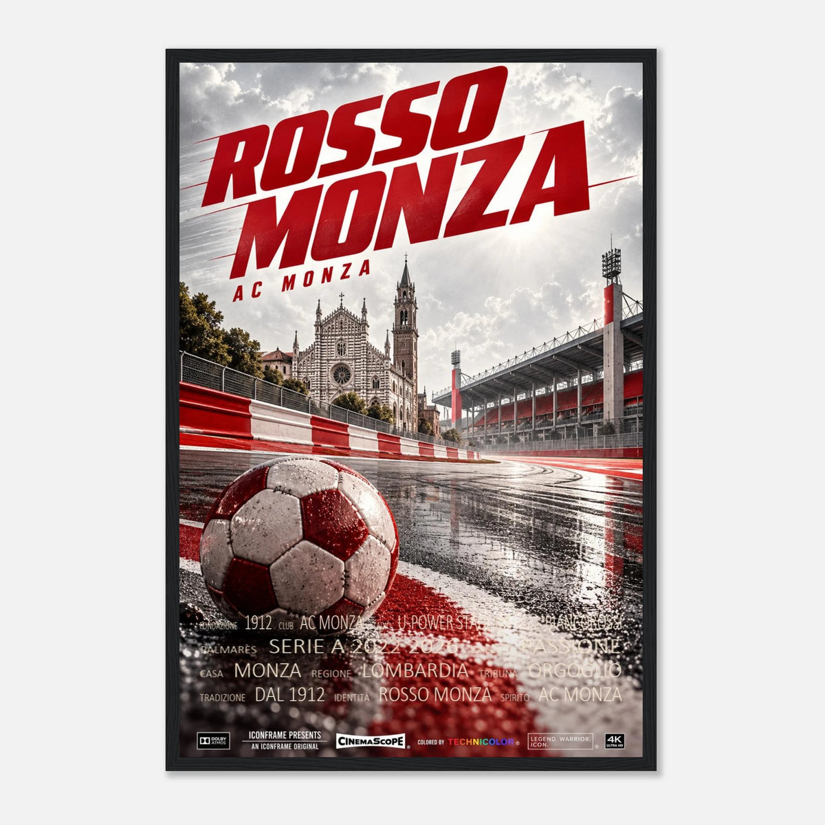AC Monza Poster „Rosso Monza“ – 40 × 60 cm, mit schwarzem Holzrahmen vor hellem Hintergrund