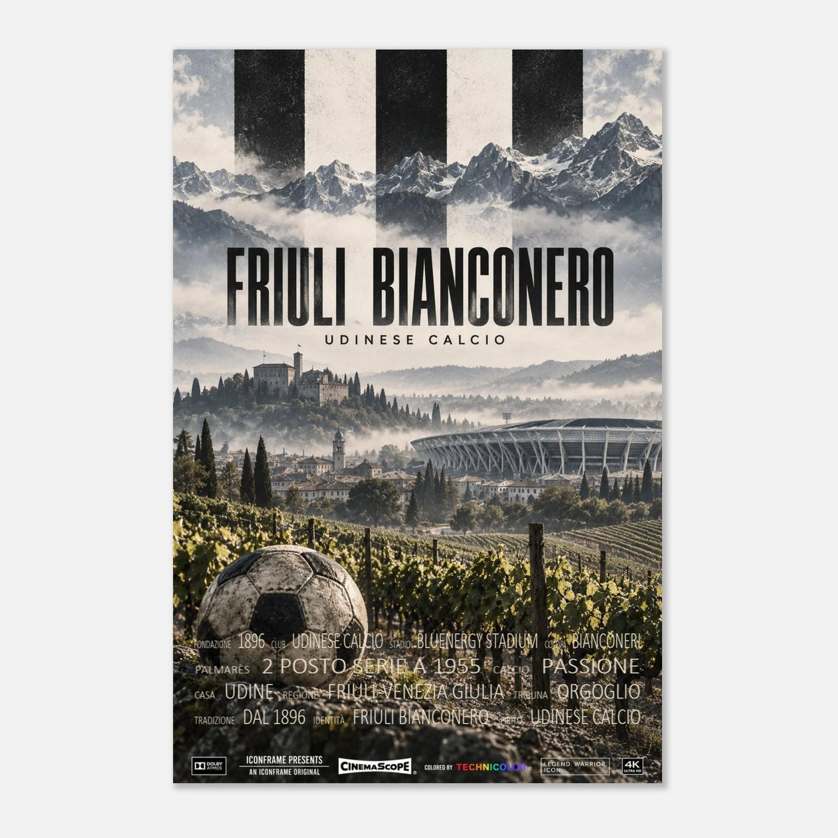 Udinese Calcio Poster „Friuli Bianconero“ – 40 × 60 cm, ohne Rahmen vor hellem Hintergrund