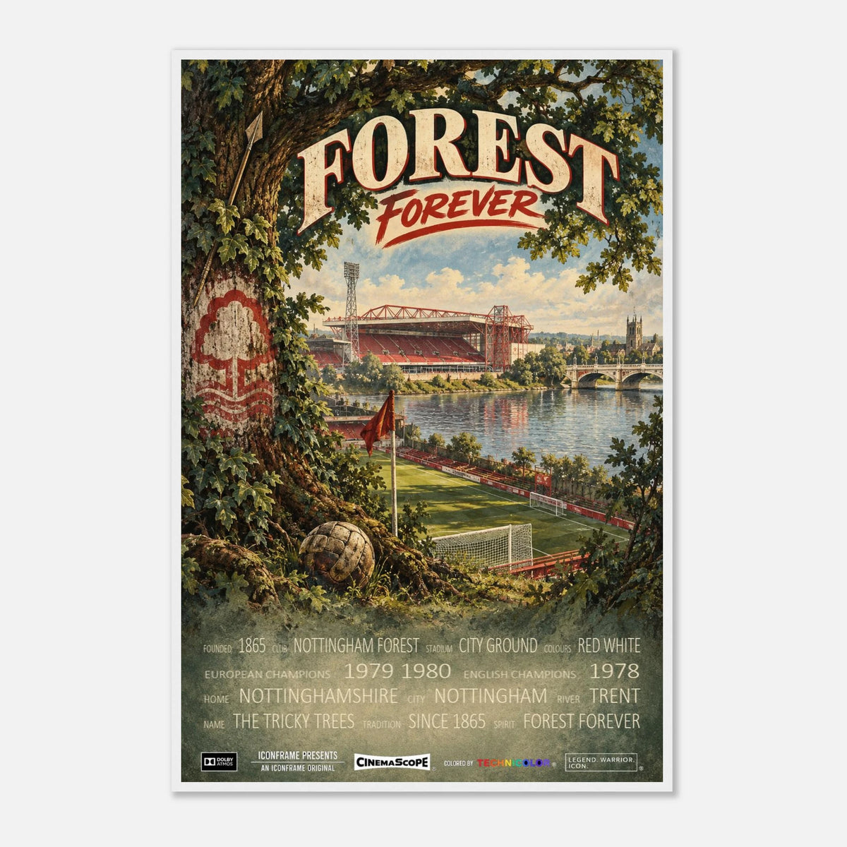 Nottingham Forest Poster „Forest Forever“ – 60 × 90 cm, mit weißem Holzrahmen vor hellem Hintergrund