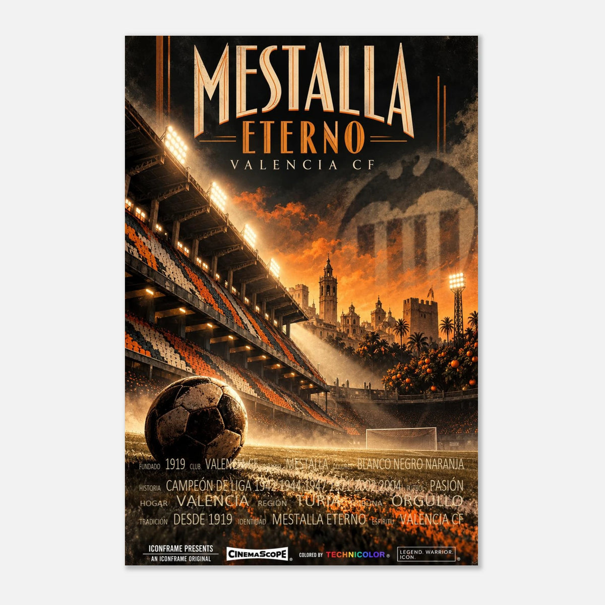 FC Valencia Poster „Mestalla Eterno“ – 30 × 45 cm, ohne Rahmen vor hellem Hintergrund